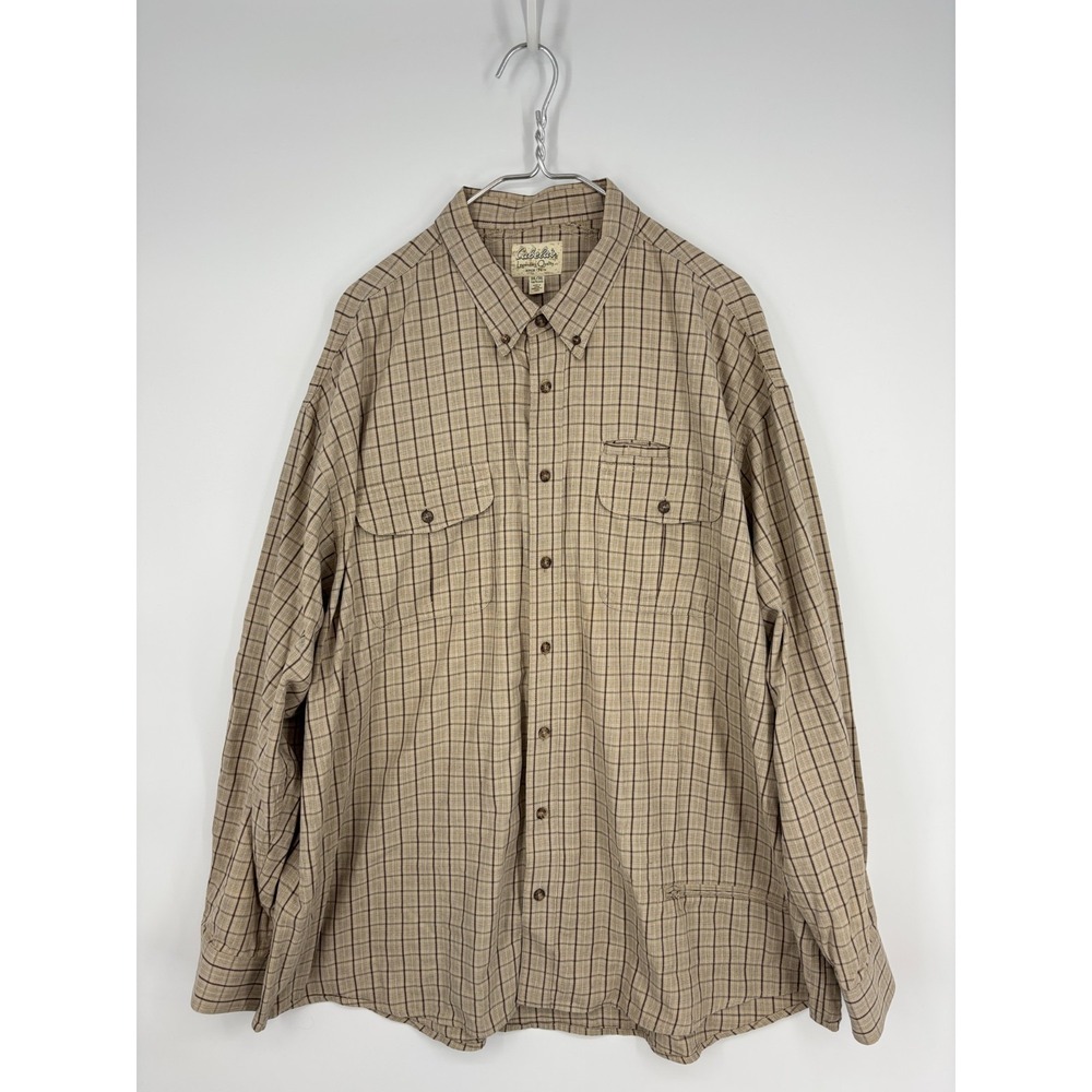 Cabelas Button Up Shirt Mens 3XLT Tall Khaki Brown Plaid Cotton Outdoors - Picture 1 of 11